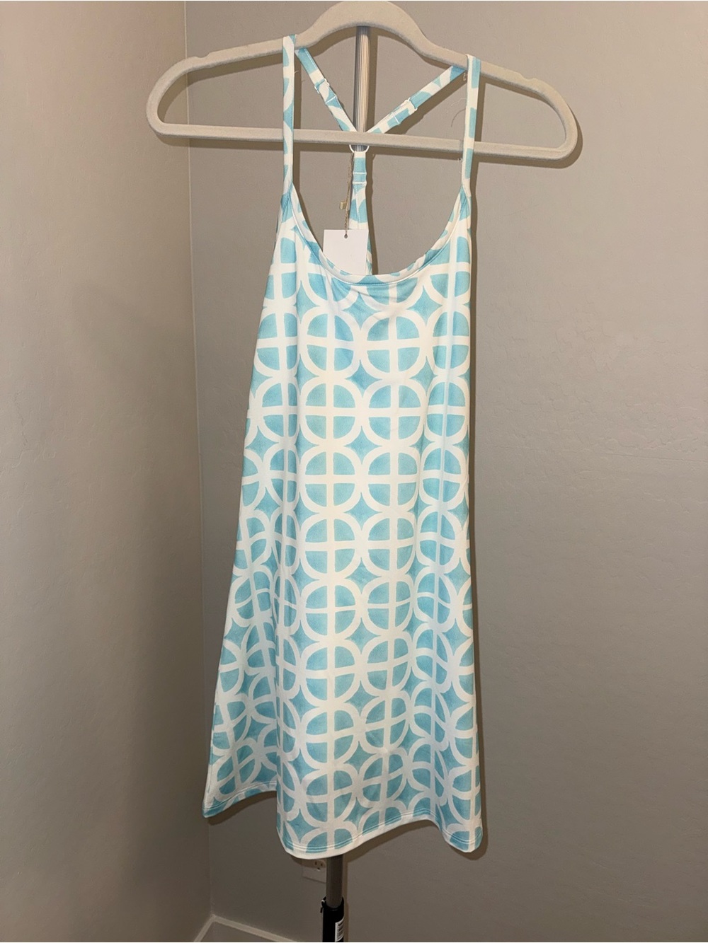 Kenny Flowers Aqua & White Geometric Racerback Athletic Dress